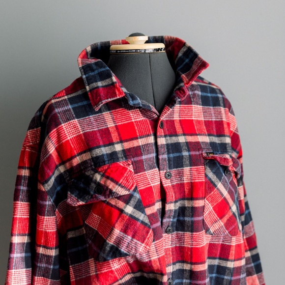 Vintage Lee 100% Cotton Flannel - Red & Blue Plaid - Men's XXL - Picture 8 of 9